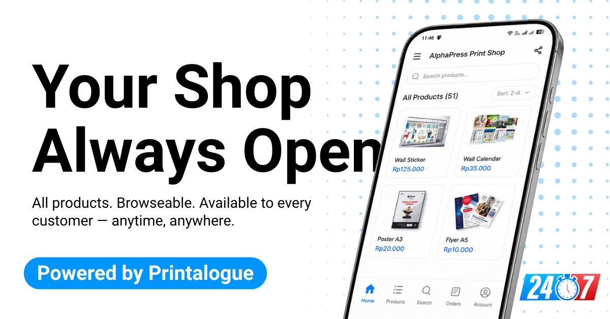 Printalogue mobile storefront showing 51 products browseable online — Your Shop. Always Open. Powered by Printalogue.